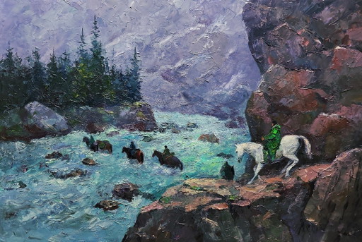 Original Oil Painting Nature Landscape Rocks Horses Dangerous Stream in the Mountains
