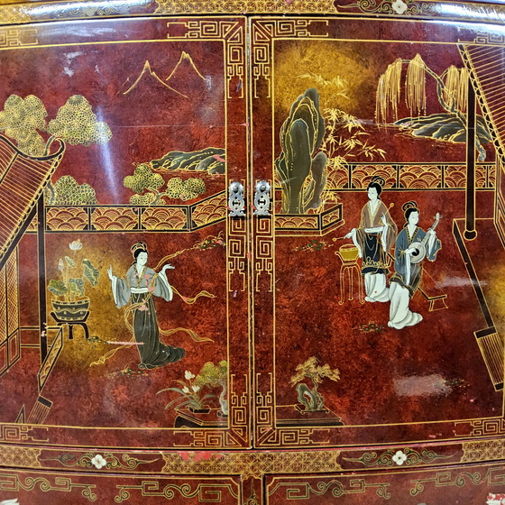 Image 1 of Mobile cinese d'epoca rosso e oro / scena tradizionale / signore in giardino cinese (mobile bohémien, mobile orientale)