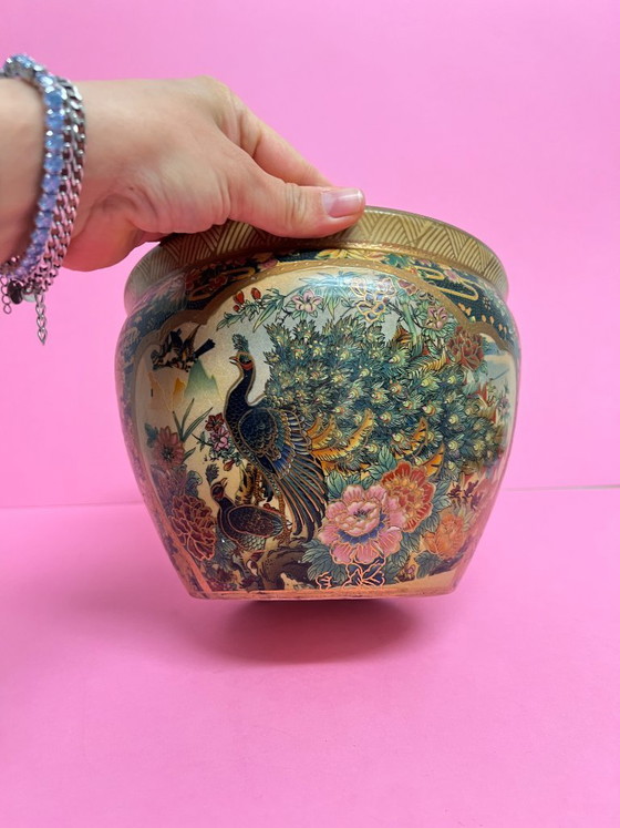 Image 1 of Vintage Satsuma Cachepot Flower Pot Planter with Peacock Motif – Hand-Painted Asian Ceramics