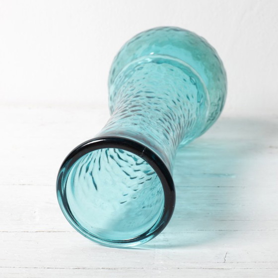 Image 1 of Turquoise Stylish Glass Flower Vase / Bibi Teal Hammered Textured Glass Vase / Italy / 1980s