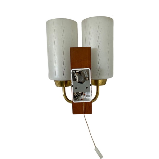 Vintage - Mcm - Wandlampe / Wandleuchter mit zwei Glühbirnen - Glas, Messing und Teakholz