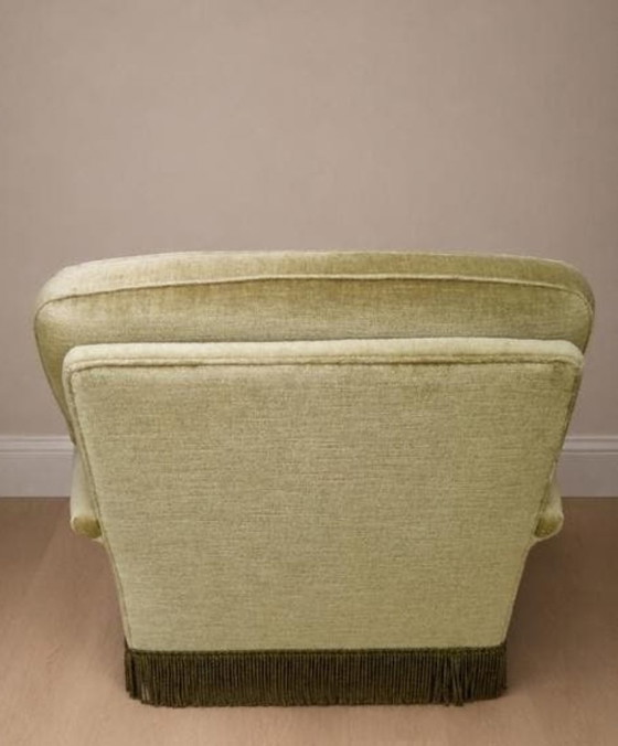 Image 1 of Poltrona club danese vintage anni '70 – Velluto verde oliva con frange