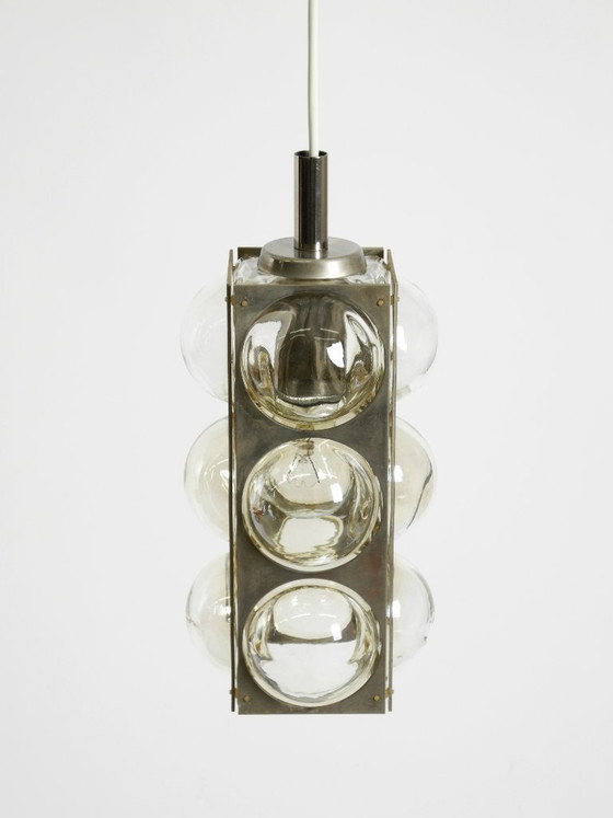 Image 1 of Beautiful 1960s Space Age pendant lamp by Temde, made of glass and nickel-plated metal