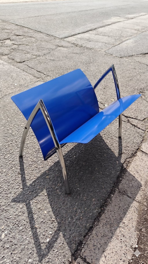 Postmodern Vintage Lectuurbak Chroom / Blauw – tijdschriftenrek, Iron, Chrome