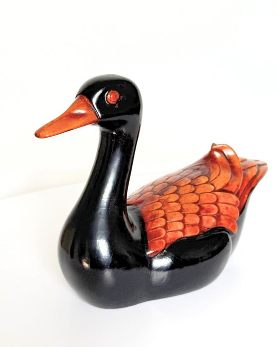Image 1 of Canard français vintage en bois craquelé peint à la main