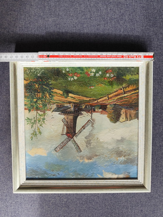 Image 1 of Olieverfschilderij "Windmolen in landschap" gesigneerd A. Schiele 1952, 27,5 x 27,5 cm Kunst