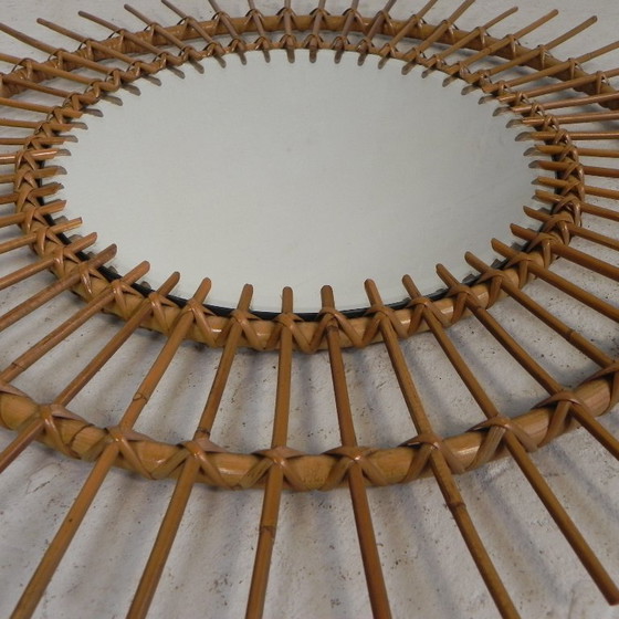 Ronde vintage bamboe spiegel met geslepen glas, jaren 50 (photo 4 of 9)