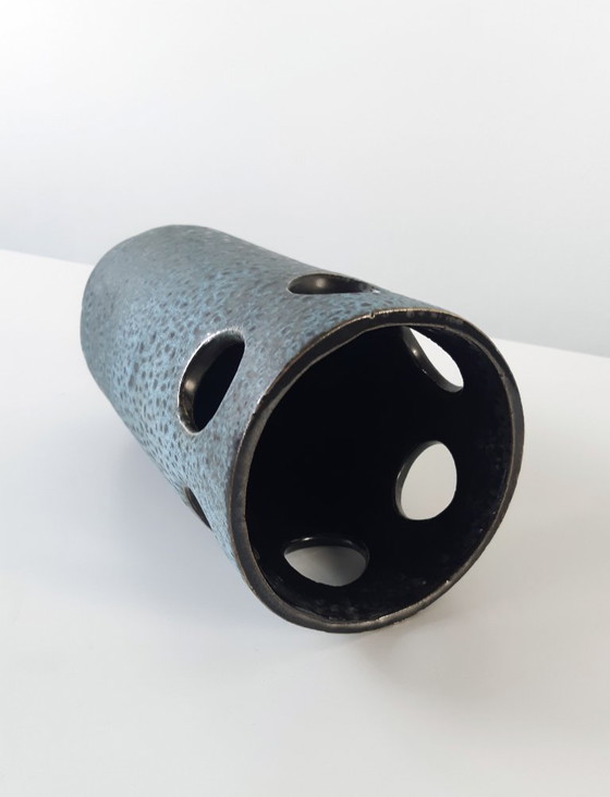 Image 1 of Lichtblauw met bruin gevlekte keramieken aardewerken vintage hanglamp, West Germany fat lava stijl, keramiek, aardewerk lamp