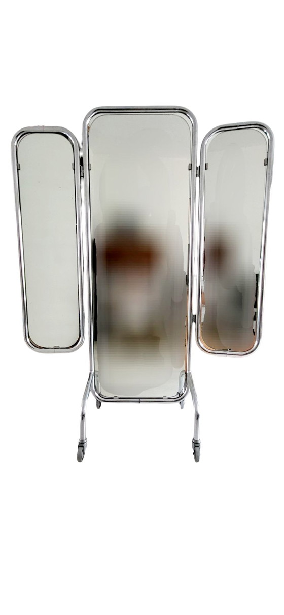 Image 1 of Rare Chrome Tubular Mirror On Wheels