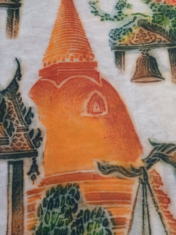 Old large polychrome Thai temple art rubbing on mulberry paper, Art Prints, Wood, Multi Color (photo 9 of 15)