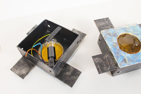 Image 1 of 2x Brutalistischer Wandleuchter aus Glas aus den 1960er Jahren von Tom Ahlström und Hans Ehrlich