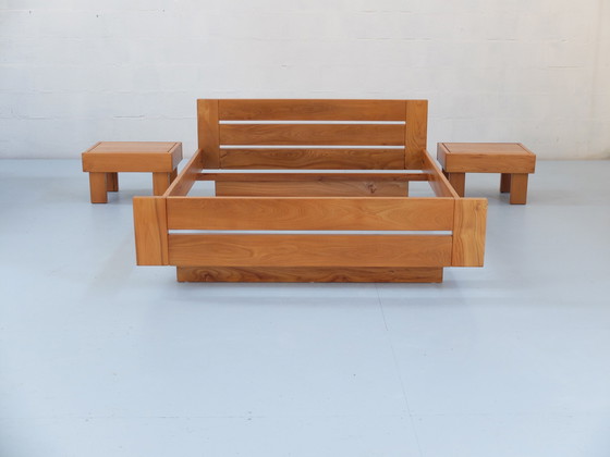Image 1 of Bed frame and bedside tables, set of 3, solid elm wood, Regain France certified edition, year 1980