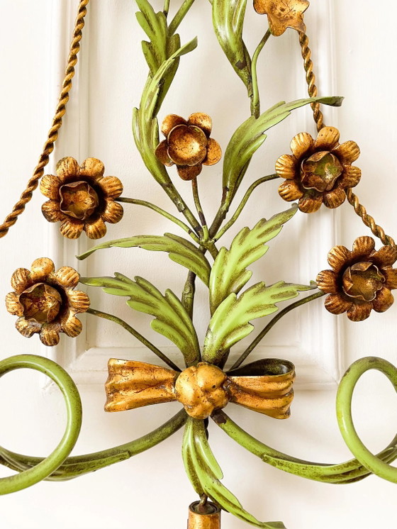 Vintage Italiaanse Florentijnse Wandkandelaar, Verguld IJzeren Bloemen Wandlamp, jaren 60 – Wandlampen (photo 10 of 10)