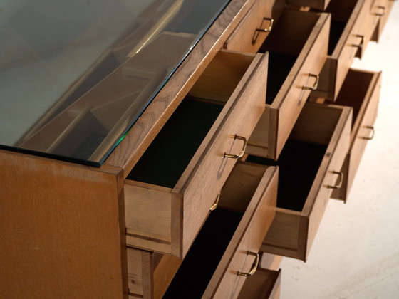 Vintage Twenty-Drawer Counter Chest, Central Europe, circa 1950, Storage cabinet, Glass, Brass, Black (photo 6 of 21)