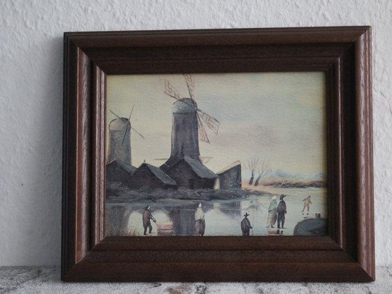 Image 1 of Kleines stimmungsvolles Bild im Massivholzrahmen, Motiv Windmühlen im Winter, unsigniert, Druck, ca. 1960
