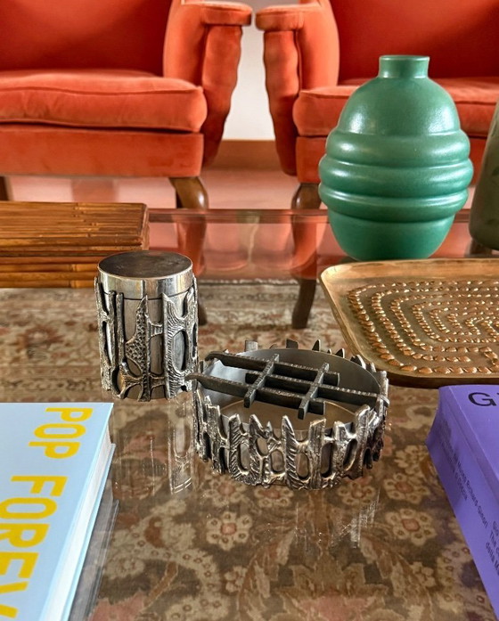 Image 1 of Brutalist top smoking set, ashtray and cigars box, Morbelli Italy 1970
