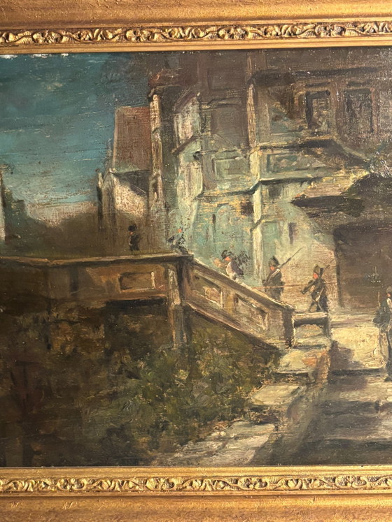 Oil Painting on Board of Soldiers in an Urban Landscape Late 1800s – Paintings & Drawings (photo 7 of 12)