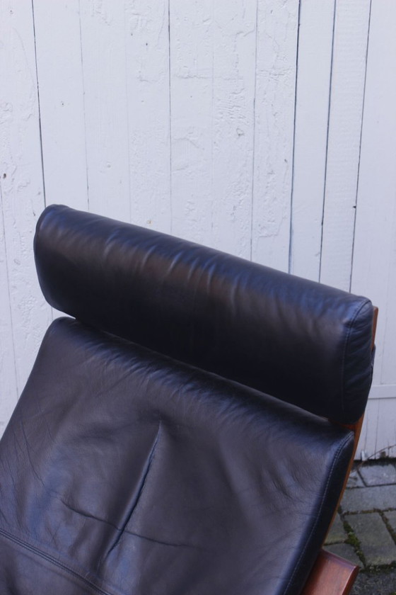 Image 1 of Ikea Vintage - Ikea POÄNG recliner and footstool in black leather, Scandinavian design, 1990s