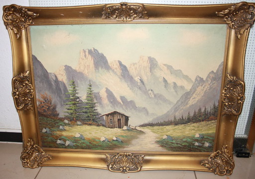 Original painting - Alpine landscape with hut - signed "Bouvier"