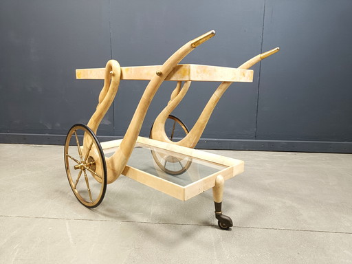 Italian Lacquered Goatskin swan Bar Cart by Aldo Tura, 1960s
