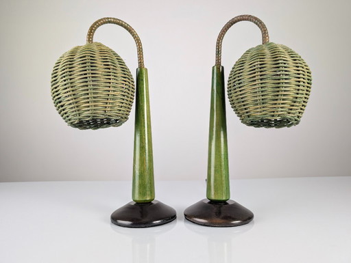 Lámparas de ratán verde orgánicas modernas estilo Mario López Torres, años 80