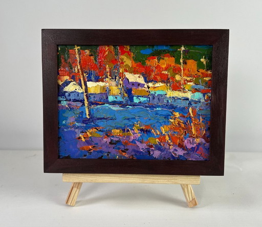 Original Oil Painting Sunset Village Landscape The sun sets quietly in silence