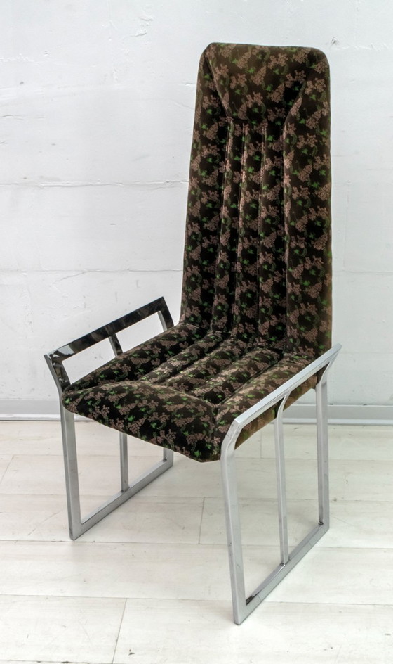 Image 1 of Set van 4 Mid Century Moderne Italiaanse Verchroomd Staal en Fluwelen Eetkamerstoelen 1970
