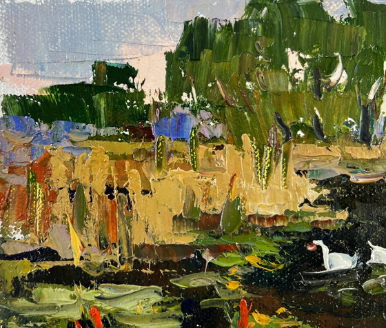 Image 1 of Original Oil Painting Summer Nature Landscape Geese in the lake