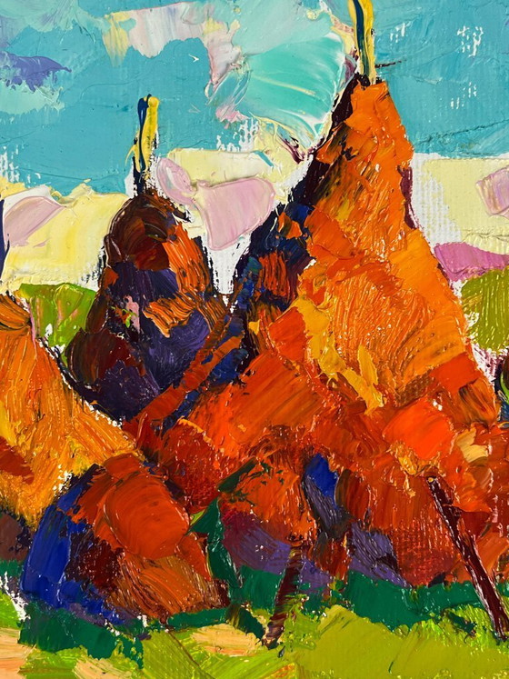 Image 1 of Original Oil Painting Nature Landscape Haystacks in a Field