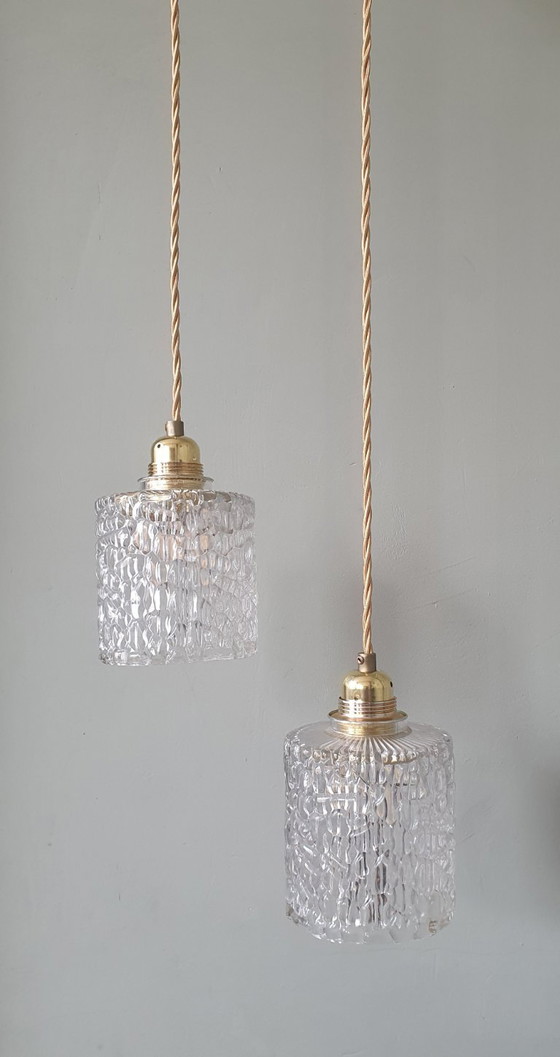 Image 1 of Set van 2 Vintage hanglampen - crackle glass - textuur - midcentury design