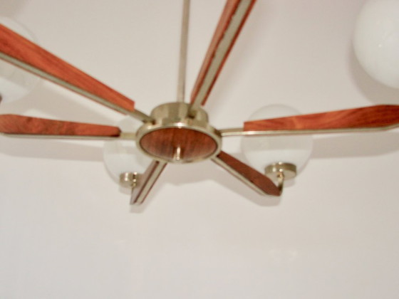 Image 1 of Modern chandelier from the 1970s – metal, teak wood and glass, 6xE14