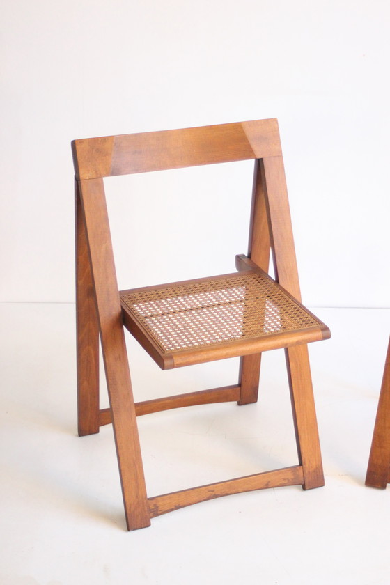 Image 1 of Sedie pieghevoli in legno con seduta in rattan, set di due anni &#39;70