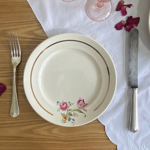 6 platos de postre antiguos de loza de Badonviller con flores y dorados