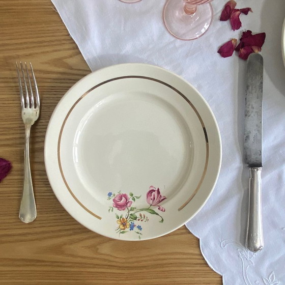 Image 1 of 6 platos de postre antiguos de loza de Badonviller con flores y dorados