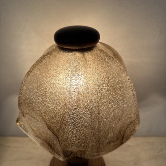 Image 1 of Vintage Brutalist Glass Table Lamp with Solid Oak Wooden Base, 1970s