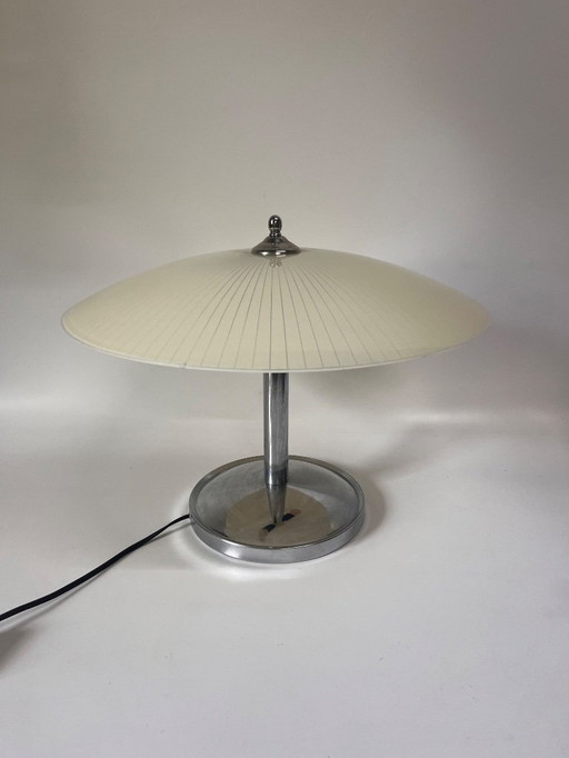 Lámpara de mesa antigua vintage cromo con pantalla forrada mediados de siglo