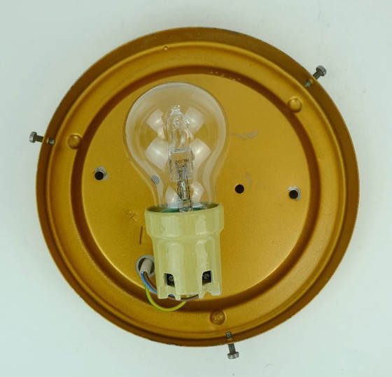 Image 1 of Vintage plafondlamp uit de jaren 70 in mid-century stijl, inbouwmodel of wandlamp, geëtst amberkleurig glas.