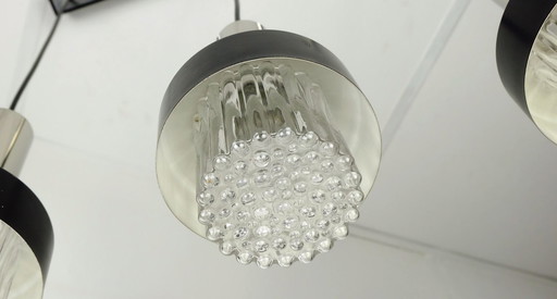 mid century modern 3-light PENDANT LAMP glass and chrome and black metal 1960s