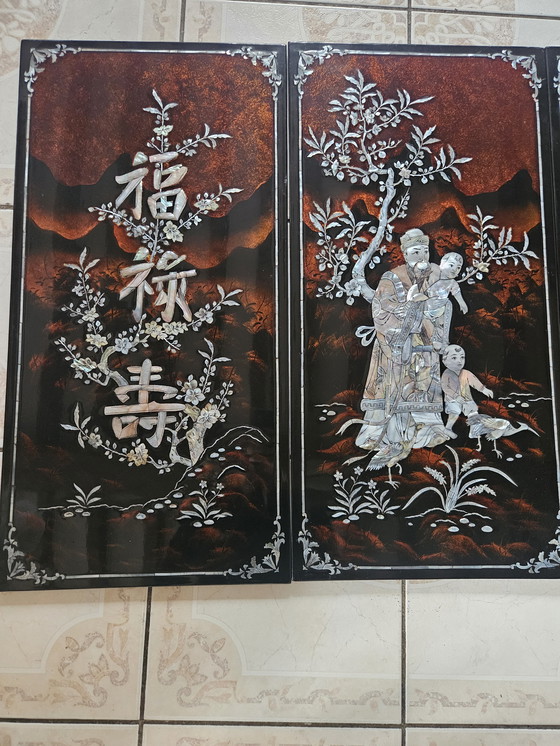 Image 1 of Set of four handcrafted panels in brown lacquer and mother-of-pearl, origin Vietnam, circa 1970