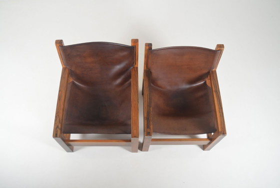 Image 1 of Set Franse zetels in olijfhout met tuigleer, jaren '70