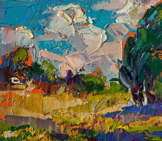 Image 1 of Original Oil Painting Summer Field Landscape The beginning of the harvest in the garden