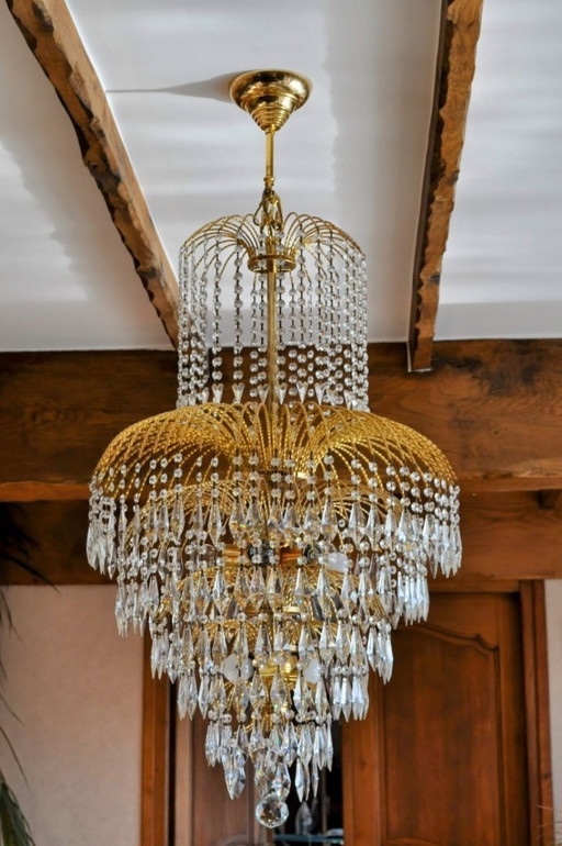 Lámpara de araña bañada en oro fino de 24 quilates y cristal (Año 1990)