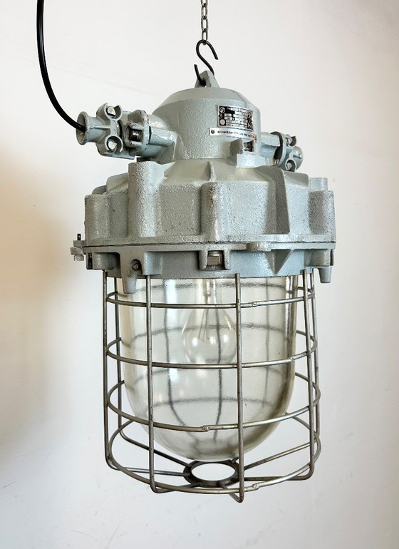 Image 1 of Large Grey Industrial Bunker  Light with Iron Cage from Elektrosvit, 1970s