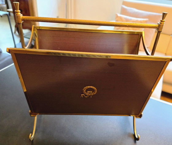 Vintage 1940s Magazine Rack Attributed to Maison Jansen – Brass, Wood (photo 3 of 9)