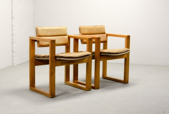 Image 1 of Mid-Century Pair of Dutch Design Camel Leather Cubic Pinewood Side Chairs by Ate van Apeldoorn for Houtwerk Hattem. 1960s.