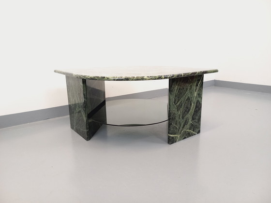Image 1 of Vintage Square Coffee Table with 2 Tops in Green Marble and Smoked Glass from the 70s