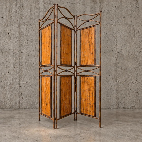 Meuble de séparation en métal imitation bambou avec panneaux en bambou / Années 1980 – Meubles de séparation (photo 2 of 10)