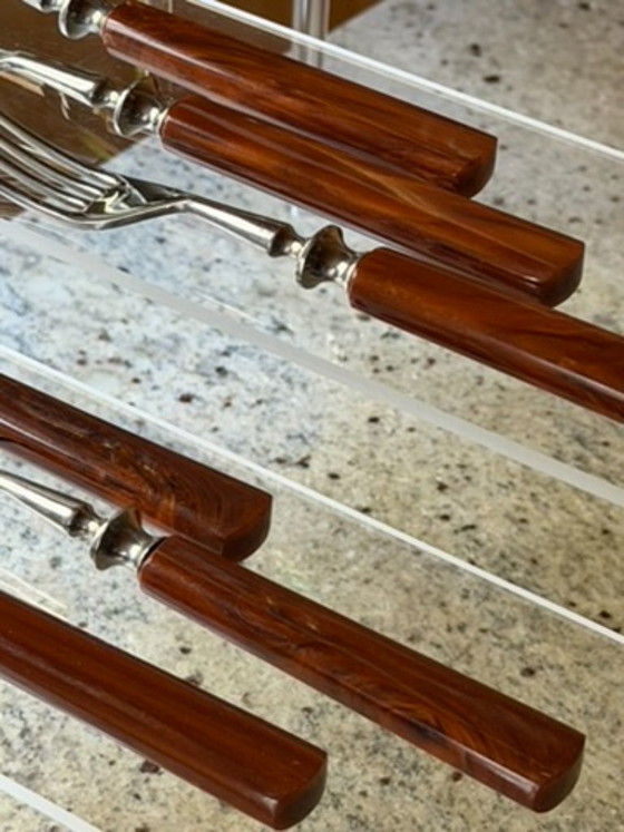 Vintage Carl Voos Solingen German Flatware Set - 12 Piece MCM Knife And Fork Set - Rostfrei Stainless Steel (photo 2 of 32)