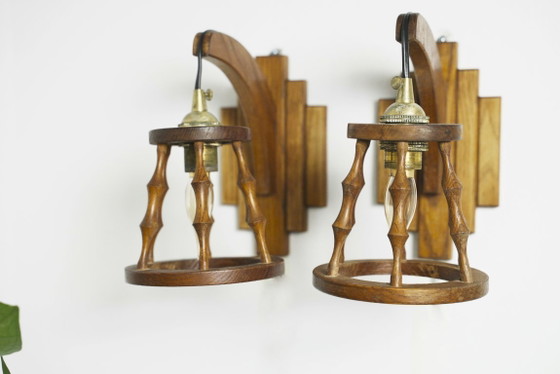 Image 1 of Set van twee Spaanse wandlampen, vintage houten lantaarnlampen, mediterrane verlichting in art-deco-stijl.