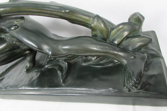 Image 1 of Plaster sculpture with a green bronze patina, signed BON